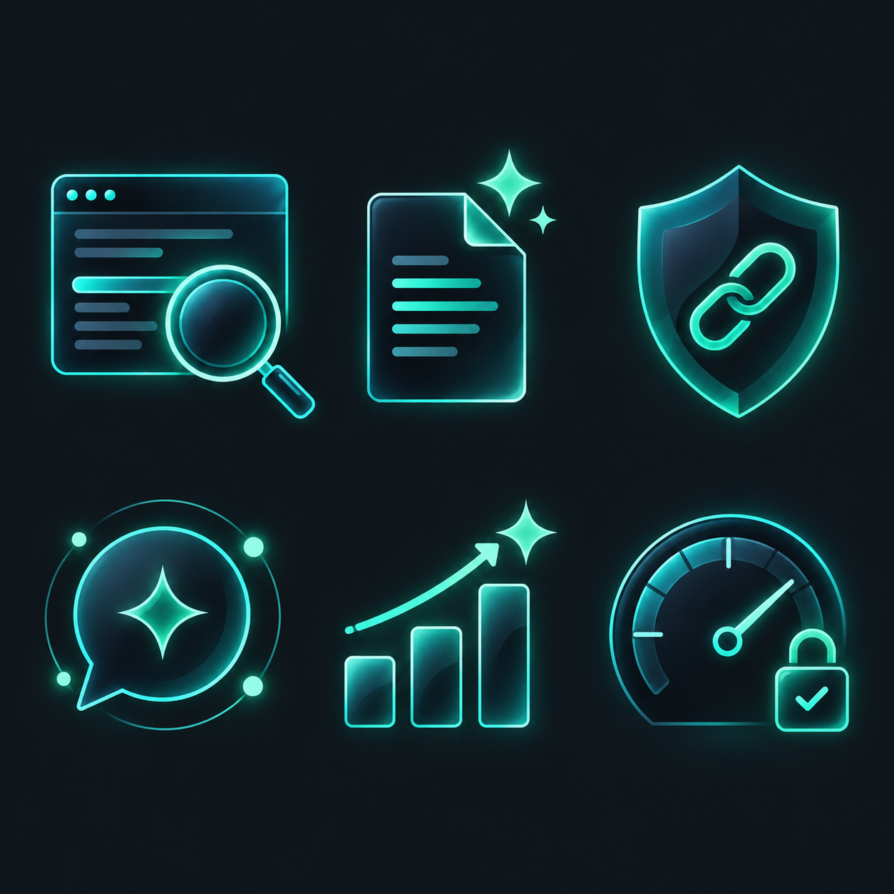 Six glowing icons representing the six scores: crawlability, content, trust and links, AI visibility, opportunity and site speed