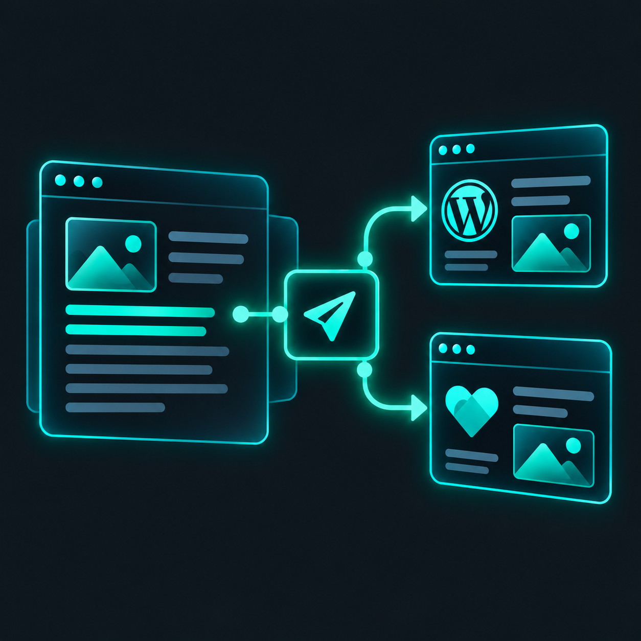 Illustration of an article sent from a central paper-plane hub out to a WordPress window and a second site window.