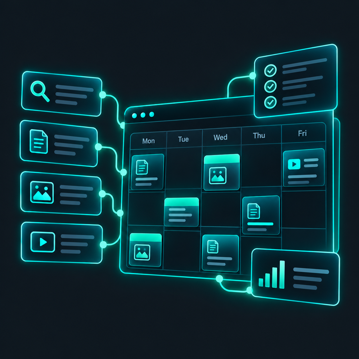 Illustration of a weekly content calendar with article, image and video tiles in each day, linked to floating panels for search, content, images, video, a checklist and performance.
