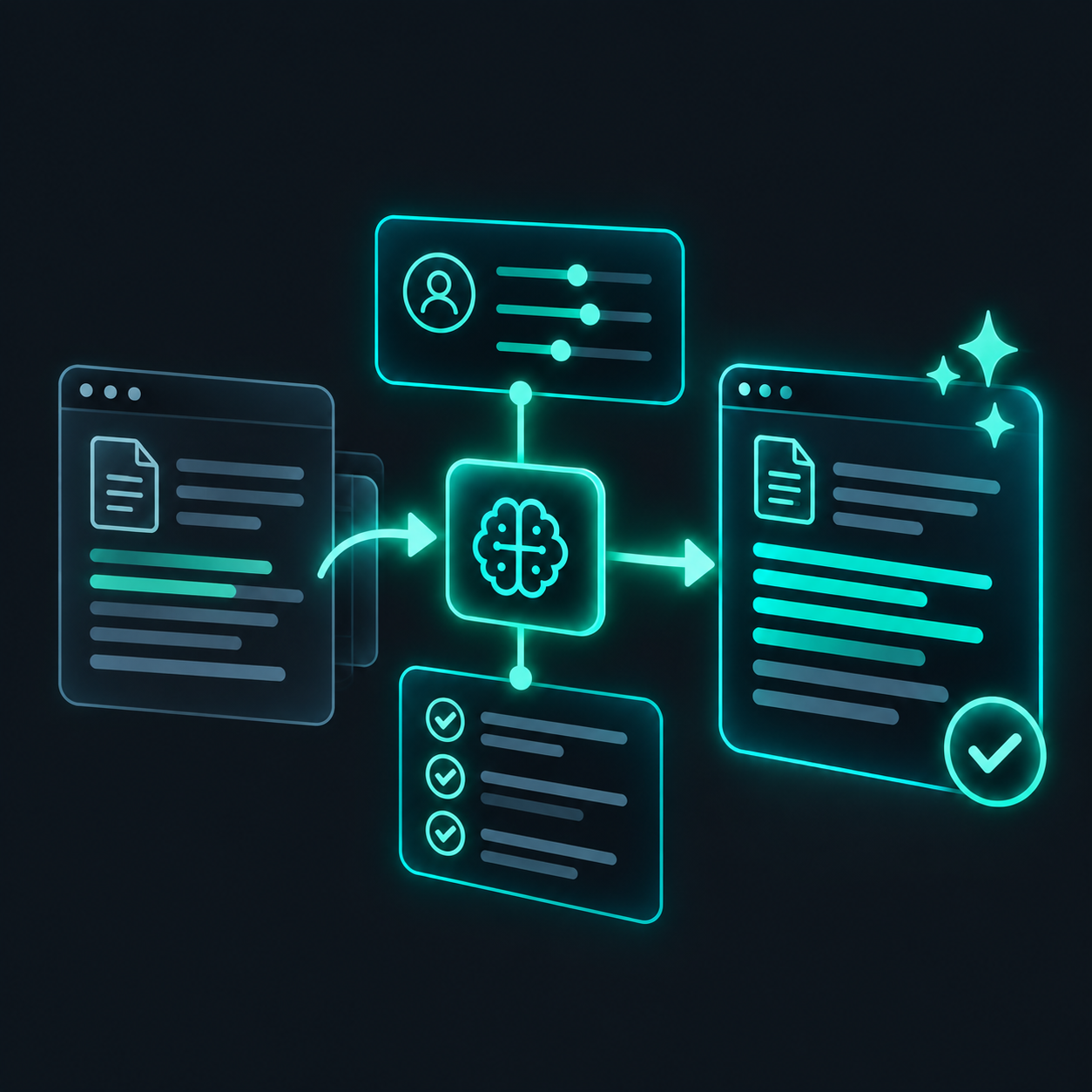 Illustration of a draft passing through tone settings, an AI brain and a quality checklist, coming out as a finished article with a glowing checkmark.