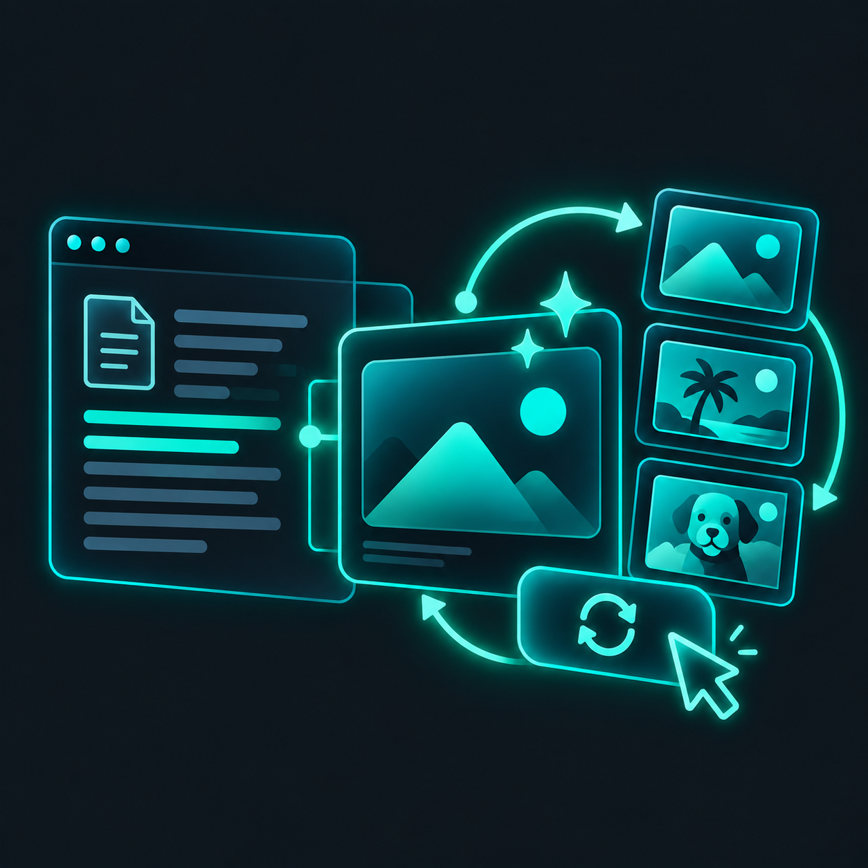 Illustration of an article image preview with a stack of alternative thumbnails, circled by regenerate arrows and a cursor clicking the refresh button.