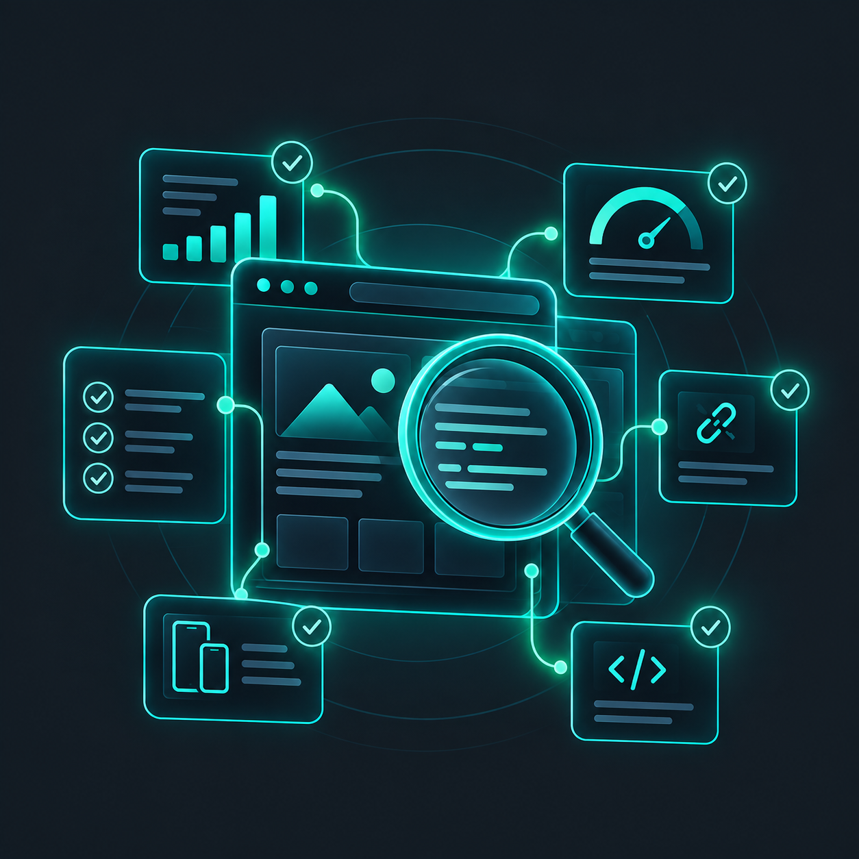 Illustration of a web page being crawled, with a magnifying glass over a checklist and floating panels for growth, speed, content and links.