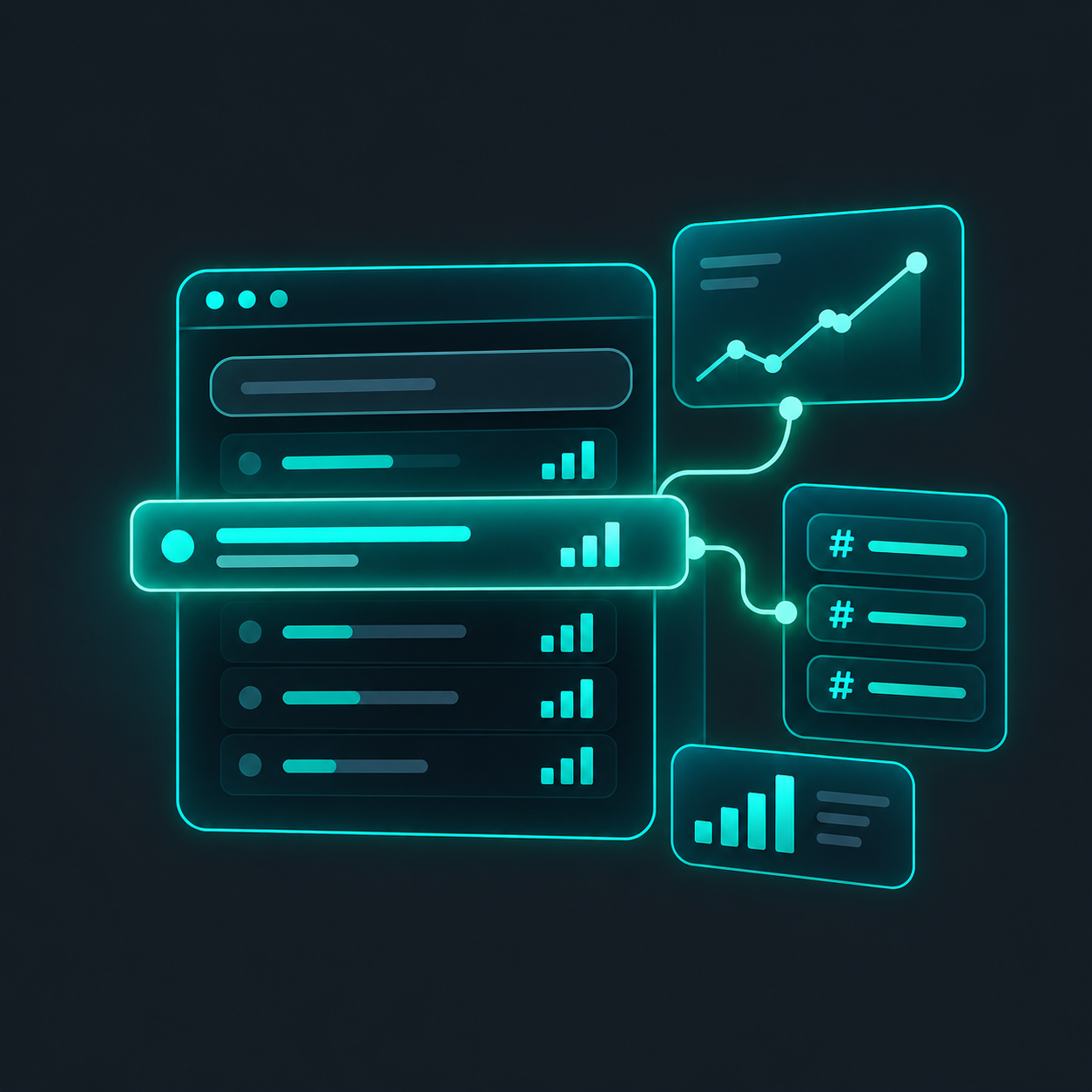 Illustration of a keyword list with one entry highlighted and connected to floating panels showing a rising trend line, hashtag topics and a traffic chart.